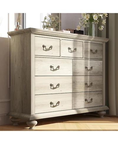 Gaomon Rustic Grey 9-Drawer Bedroom Dresser, 37.8" Tall Wood Chest with Wide Drawers & Carved Metal Handles, Sturdy Organizer for Living Room Hal