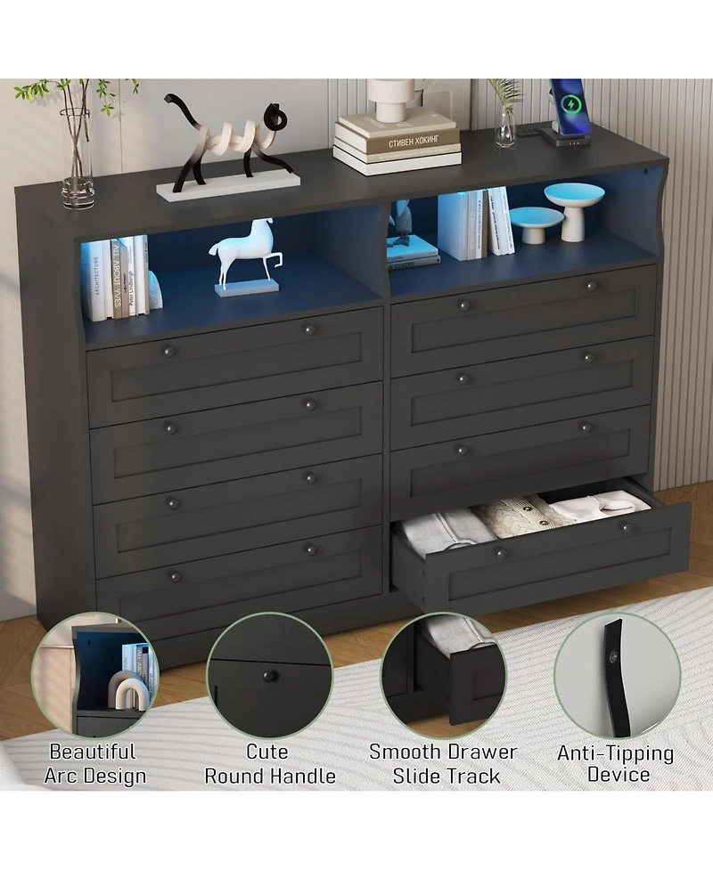 gaomon 8-Drawer Bedroom Dresser with Charging Station & Led Lights, Modern Wide Wooden Chest for Living Room Hallway Entryway