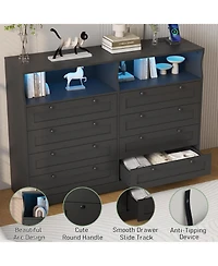gaomon 8-Drawer Bedroom Dresser with Charging Station & Led Lights, Modern Wide Wooden Chest for Living Room Hallway Entryway