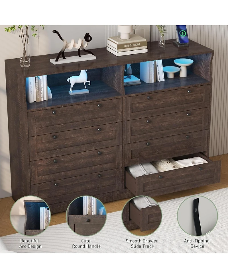 gaomon 8-Drawer Bedroom Dresser with Charging Station & Led Lights, Modern Wide Wooden Chest for Bedroom Living Room Hallway Entryway