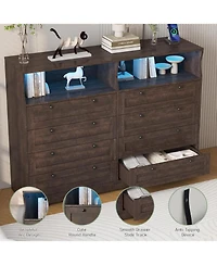 gaomon 8-Drawer Bedroom Dresser with Charging Station & Led Lights, Modern Wide Wooden Chest for Bedroom Living Room Hallway Entryway