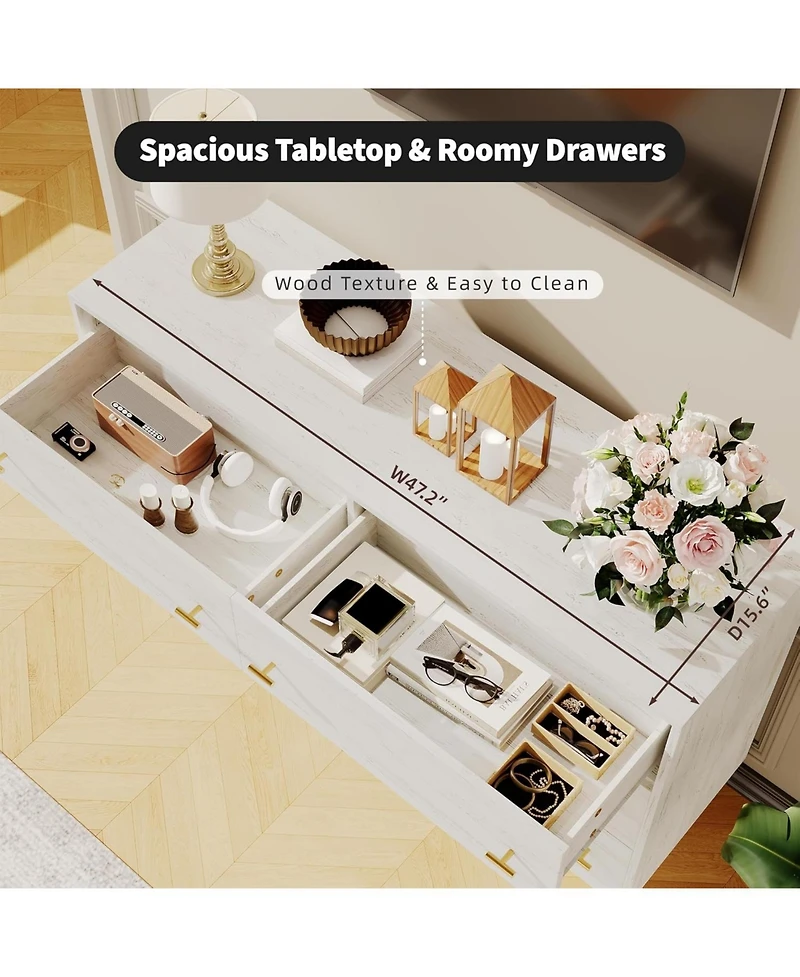 Gaomon White Rustic 6-Drawer Bedroom Dresser, 47.2" Wide Vintage Chest with Bar Handles