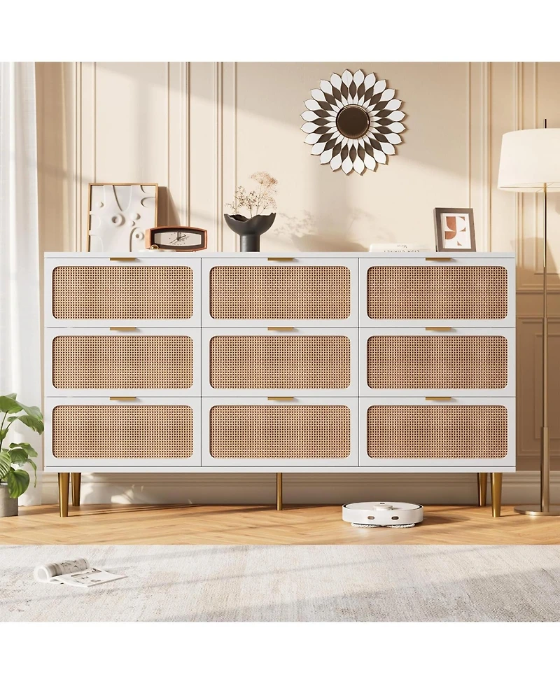 gaomon 9-Drawer Natural Rattan Bedroom Dresser, Tall Modern Chest with Deep Drawers