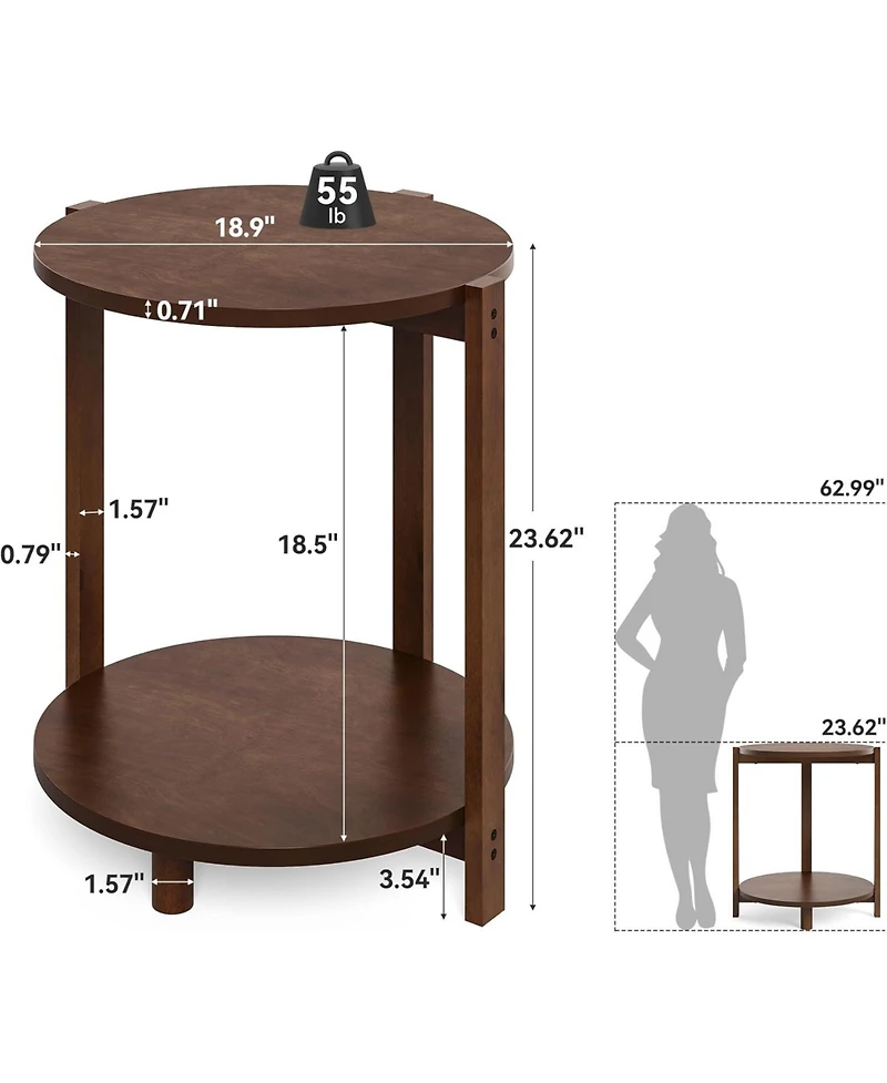 Tribesigns Solid Wood Side Table Set of 2, Small Round End Table with 2-Tier Storage