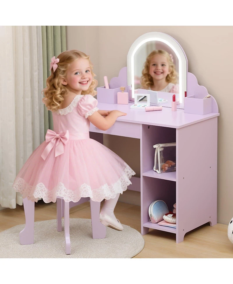 gaomon Kids Vanity with Lighted Mirror & Stool, Little Girls Vanity with Adjustable Led Light, Storage Drawer & Shelves for Girls 3-9