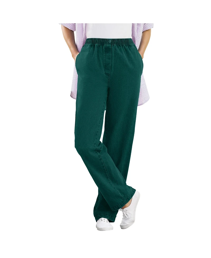 Woman Within Women's Straight-Leg All-Cotton Denim Pull-On 7-Day Elastic-Waist Jeans