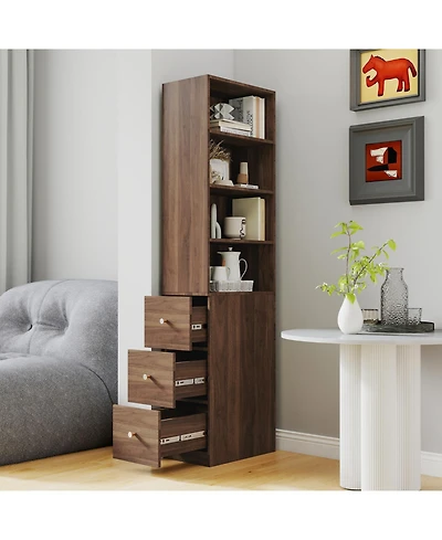 Streamdale Furniture 70.87" Display Cabinet, 4-Tier Shelf, 3 Drawers, Modern Wooden Bookshelf