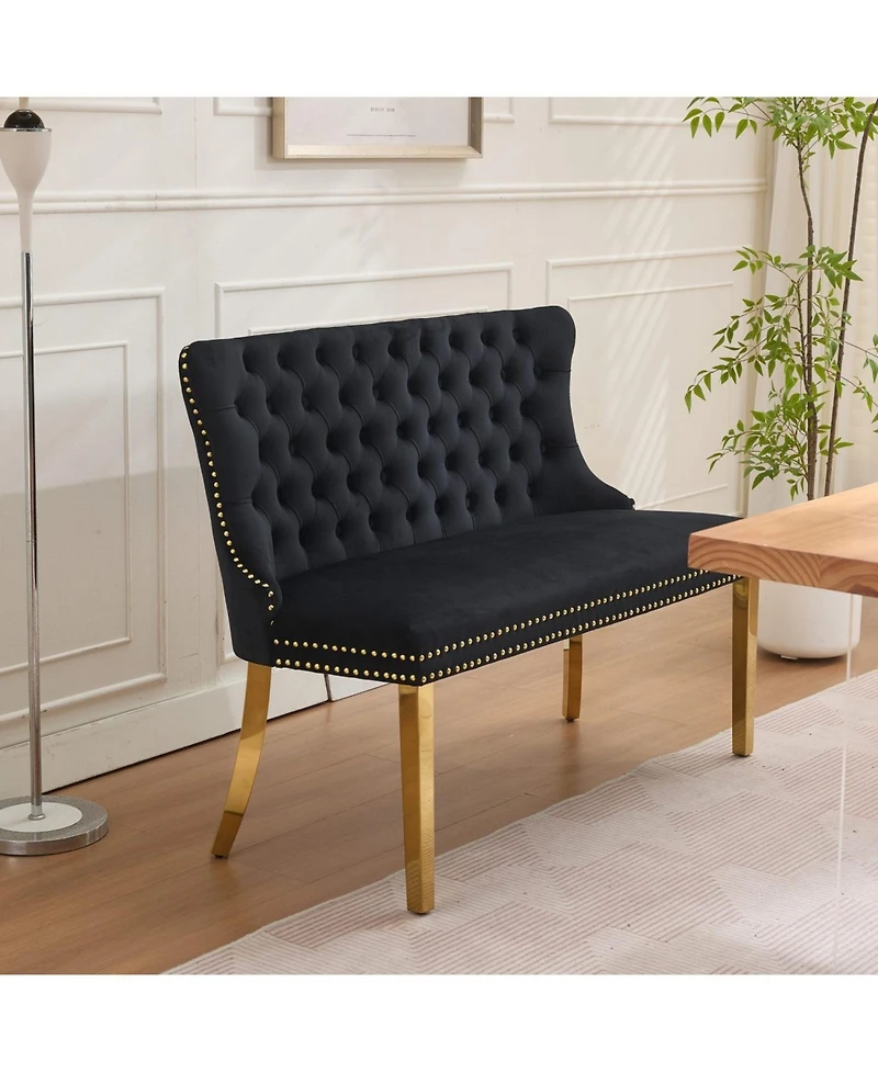 Streamdale Furniture Velvet Dining Loveseat Bench, Tufted, Wing Back, Gold Legs, Black