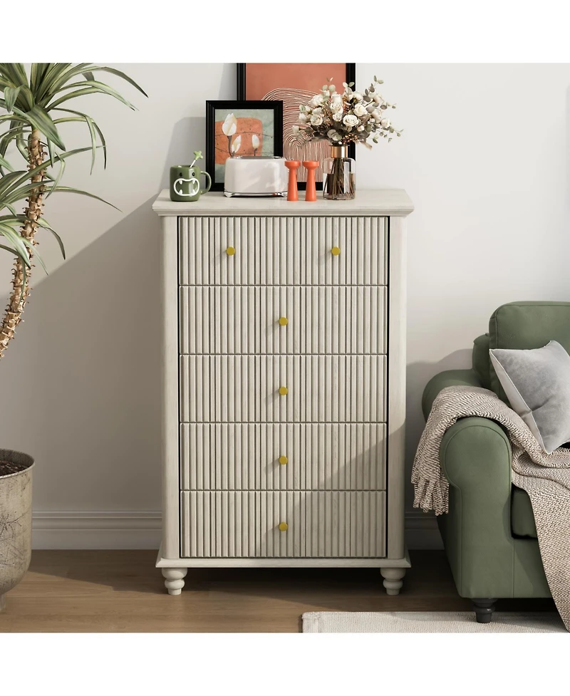 Streamdale Furniture Fluted 5 Drawer Dresser - Beige