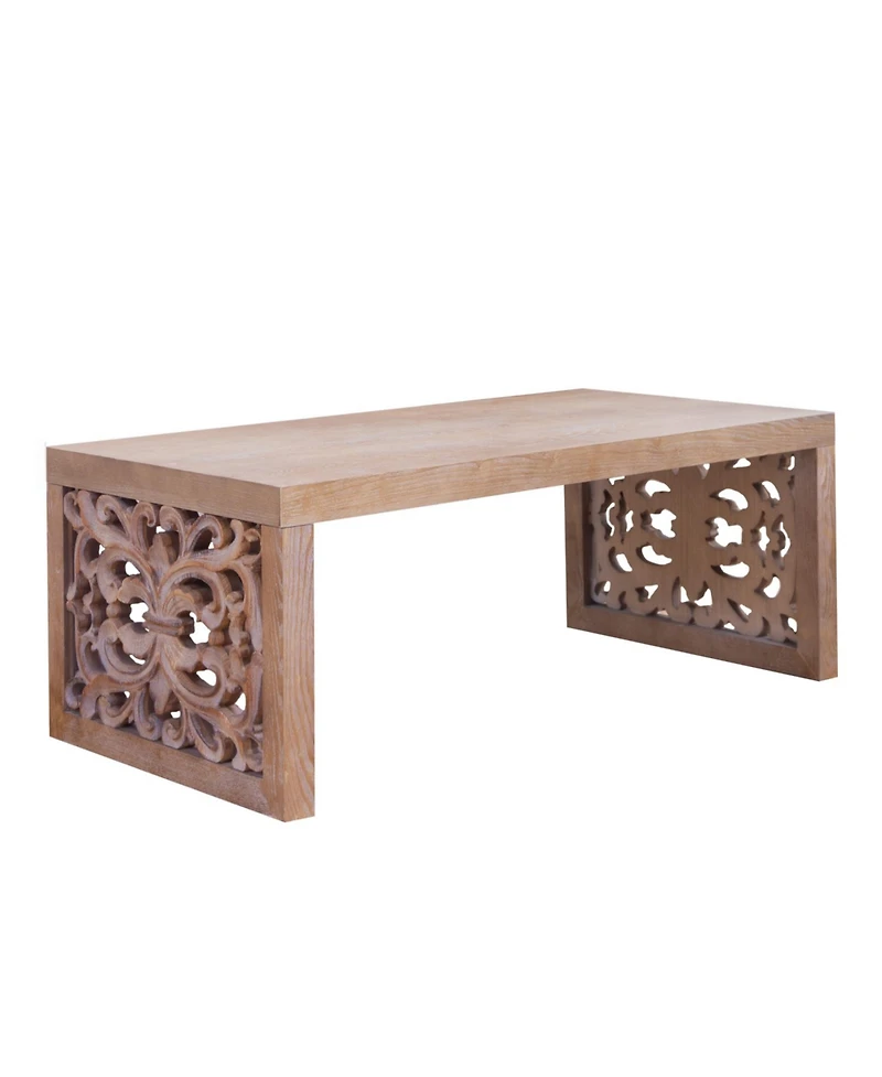 Streamdale Furniture Rustic Carved Wood Coffee Table - Ornate Panels, Natural Finish