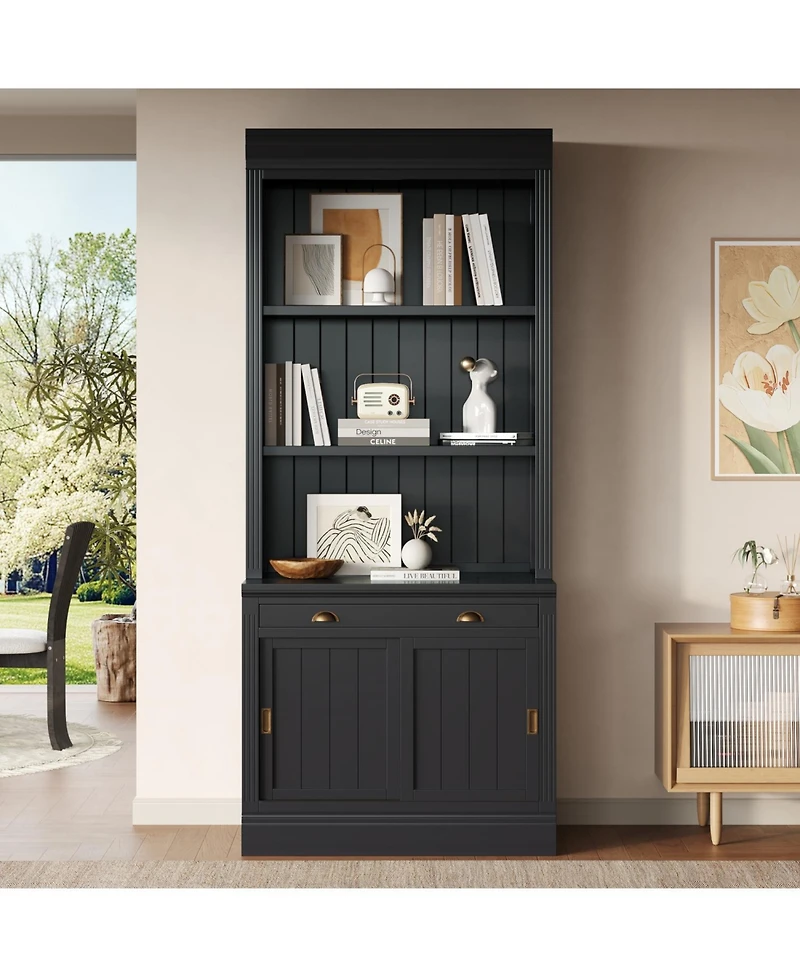 Streamdale Furniture 83.4" Bookshelf w/ Sliding Doors, Modern Bookcase, Black