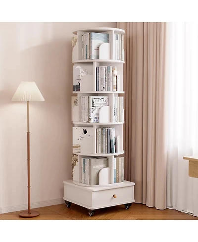 Streamdale Furniture Rotating Bookshelf with Drawer, 6-Tier Corner Bookcase, White