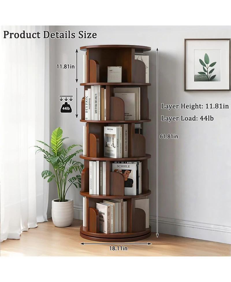 Streamdale Furniture Rotating Bookshelf 5-Tier 360 Spinning Tower - Walnut