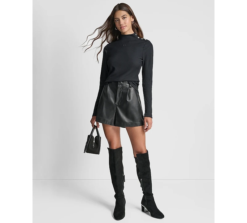 Dkny Jeans Women's Jewel Button Shoulder Mock Neck Long-Sleeve T-Shirt