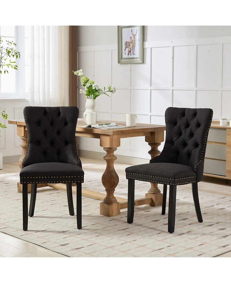 Streamdale Furniture Nikki Tufted Linen Dining Chair Set (2), Modern & Contemporary, Black Upholstery, Black Wood Legs