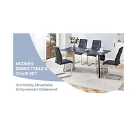 Streamdale 63" Black Marble-Patterned Table with Butterfly Legs and 4 Black Pu Chairs