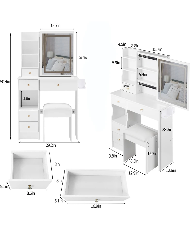 Streamdale Furniture 29.2" Vanity Table w/ Led Mirror Power Stool