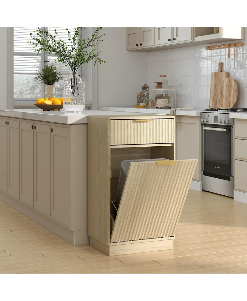 Streamdale Furniture Oak Woodgrain Tilt-Out Trash Cabinet with Drawer & Pull-Out Bin