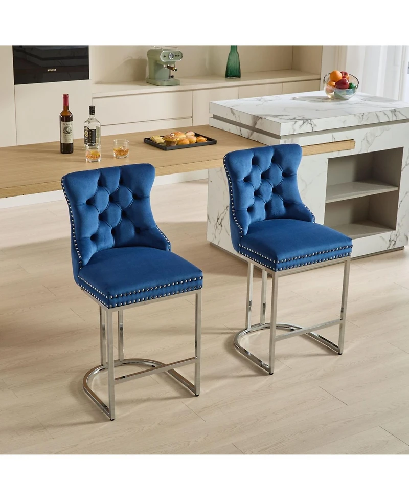 Streamdale Furniture + 25" 2-Pack + Velvet + Button Back + Counter Height Bar Stools