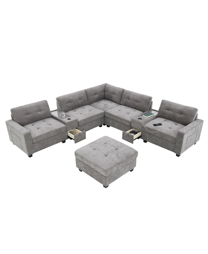 Streamdale Furniture 104" Tufted Sectional Sofa with Acrylic Table, Consoles, Usb Charger, Storage, Ottoman