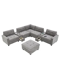 Streamdale Furniture 104" Tufted Sectional Sofa with Acrylic Table, Consoles, Usb Charger, Storage, Ottoman