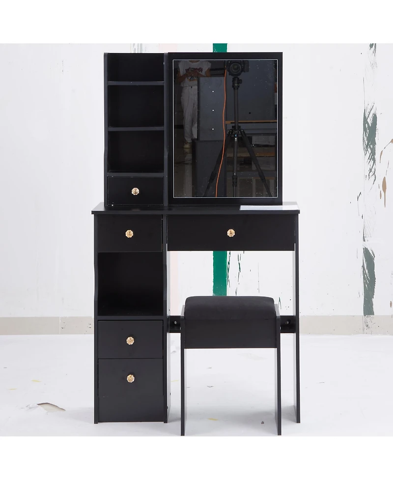 Streamdale Furniture + Compact Vanity Table Set + Wood/Engineered Wood + Large Mirror & Multi-Tier Storage + Vanity Table with Stool