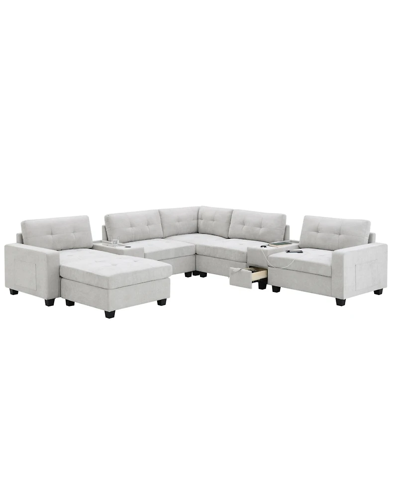 Streamdale Furniture 104" Tufted Sectional Sofa with Acrylic Table, Consoles, Usb Charger, Storage, Ottoman