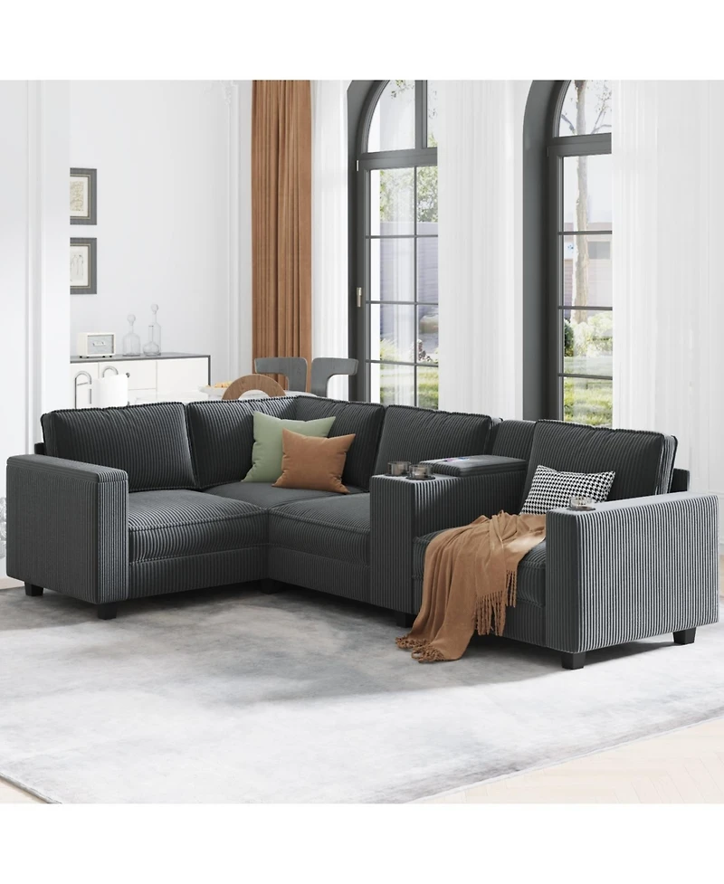 Streamdale Furniture L-Shaped Corduroy Sofa w/ Storage & Usb
