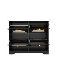 Streamdale Mid-Century Narrow Shoe Cabinet - 4 Flip Drawers, Rattan Doors, Hooks, Black