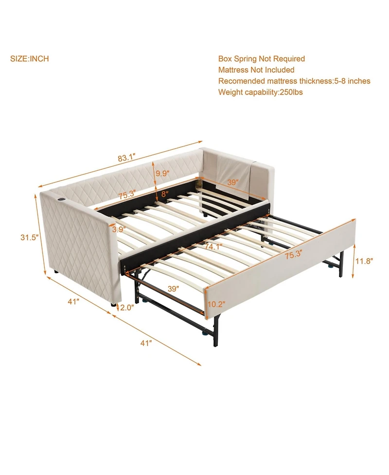 Streamdale Furniture Beige Velvet Daybed - Modern Diamond Grid Design