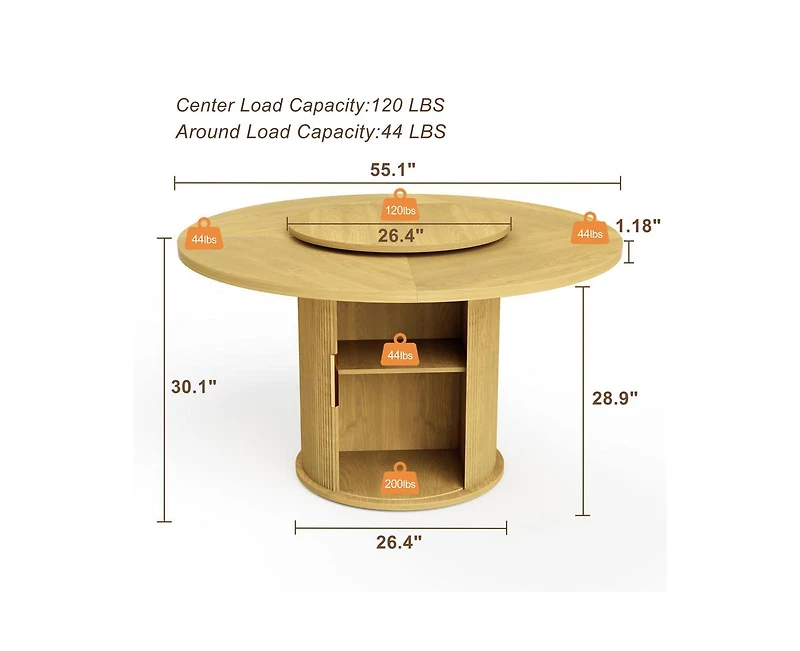 Casainc 55″ Round Dining Table with Rotating Tray and Storage Shelves only table)