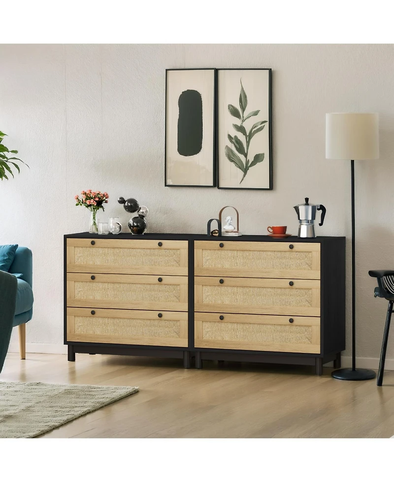 Streamdale Furniture Black 3-Drawer Woven Storage Cabinet (Set of 2