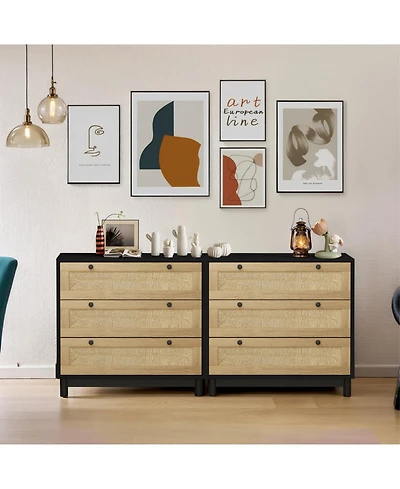 Streamdale Furniture Black 3-Drawer Woven Storage Cabinet (Set of 2