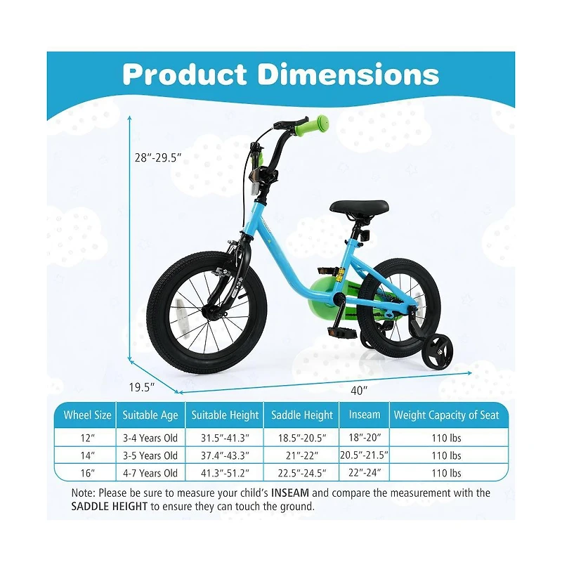 Hongge Kids Training Bike with Adjustable Seat Dual Brakes Rubber Tires and Removable Wheels