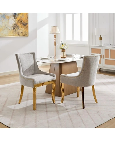 Streamdale Furniture Chenille Dining Chairs, Gold Legs, Rivet Trim, Beige, Set of 2