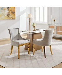 Streamdale Furniture Chenille Dining Chairs, Gold Legs, Rivet Trim, Beige, Set of 2