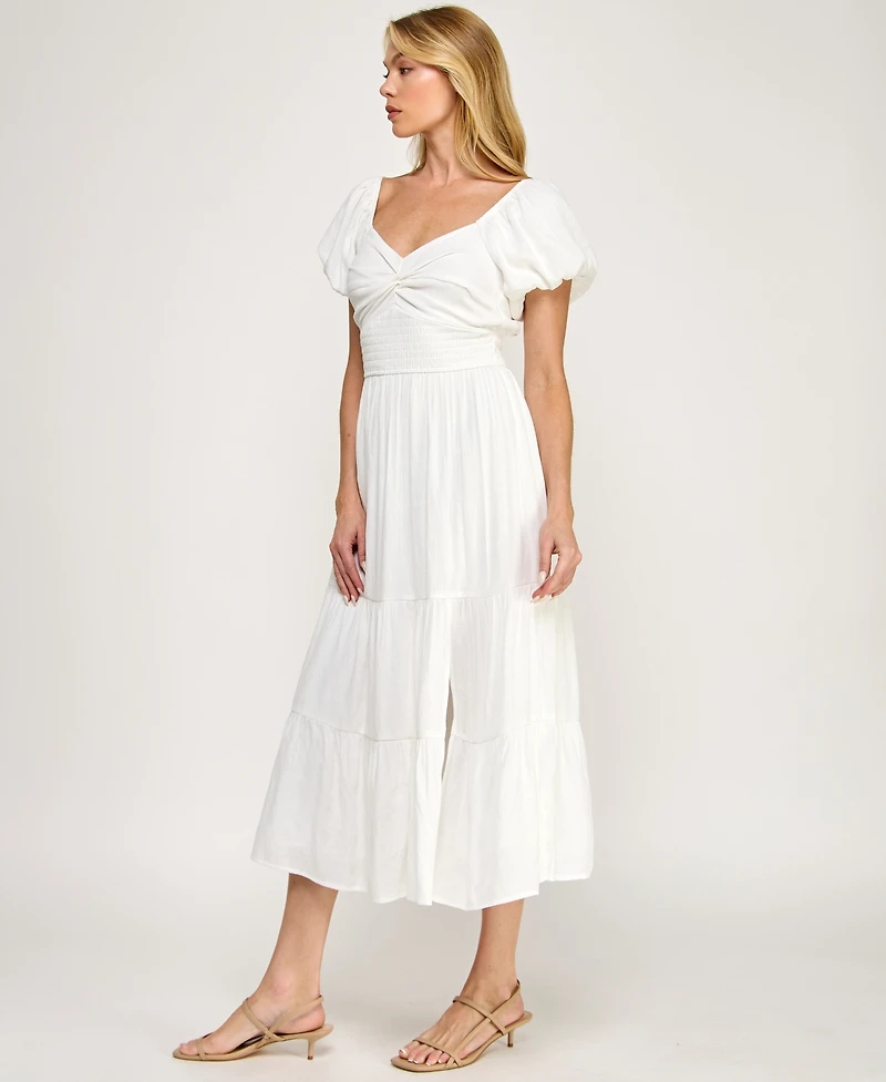 Trixxi Juniors' Sweetheart Neck Puff-Sleeve Ruched Waist Midi Dress