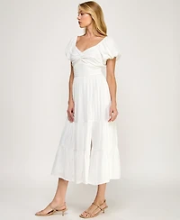 Trixxi Juniors' Sweetheart Neck Puff-Sleeve Ruched Waist Midi Dress