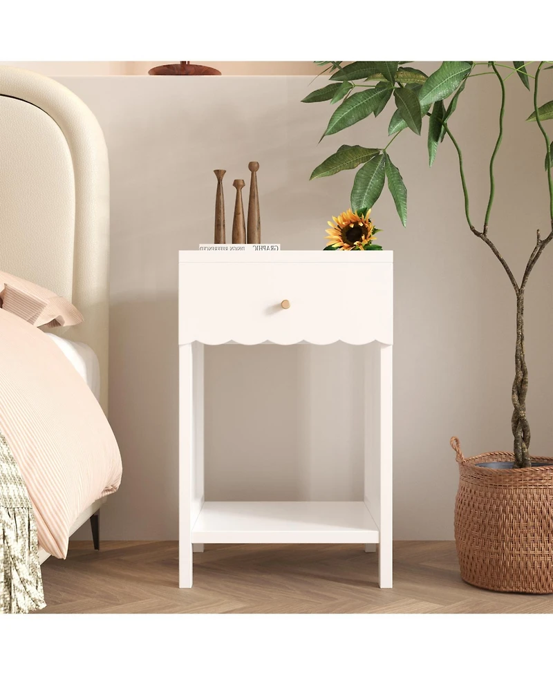 Streamdale Furniture White Nightstand with Drawer & Shelf, Scalloped Edge Bedside Table