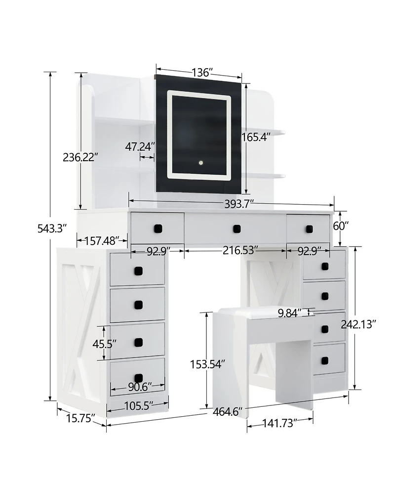 Streamdale Furniture Farmhouse Vanity Desk with Mirror, Lights, and Charging
