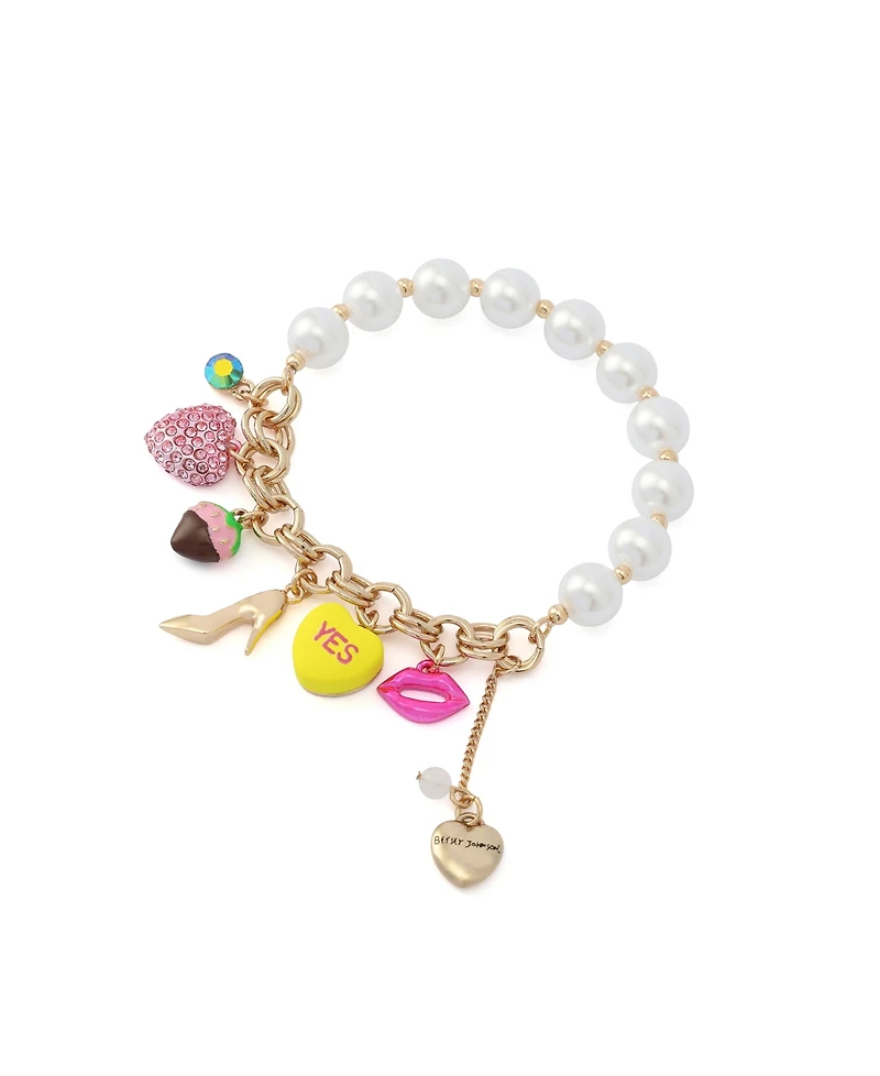 Betsey Johnson Faux Stone Sweetheart Cultivated Pearl Charm Stretch Bracelet