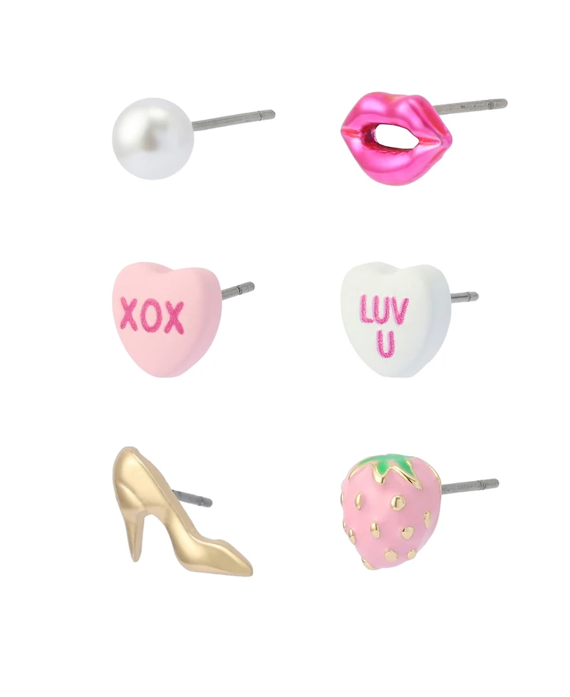 Betsey Johnson Faux Cultivated Pearl Sweetheart Lips 6-Single Stud Earring Set