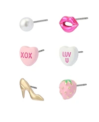 Betsey Johnson Faux Cultivated Pearl Sweetheart Lips 6-Single Stud Earring Set