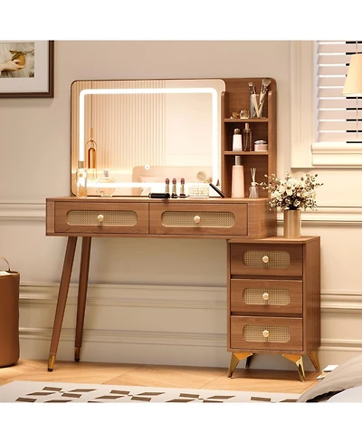 Streamdale Furniture 47" Lighted Vanity Desk with Rattan Drawers - Dark Walnut