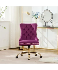 Streamdale Furniture Velvet Office Chair, Tufted, Golden Base, Adjustable, Swivel
