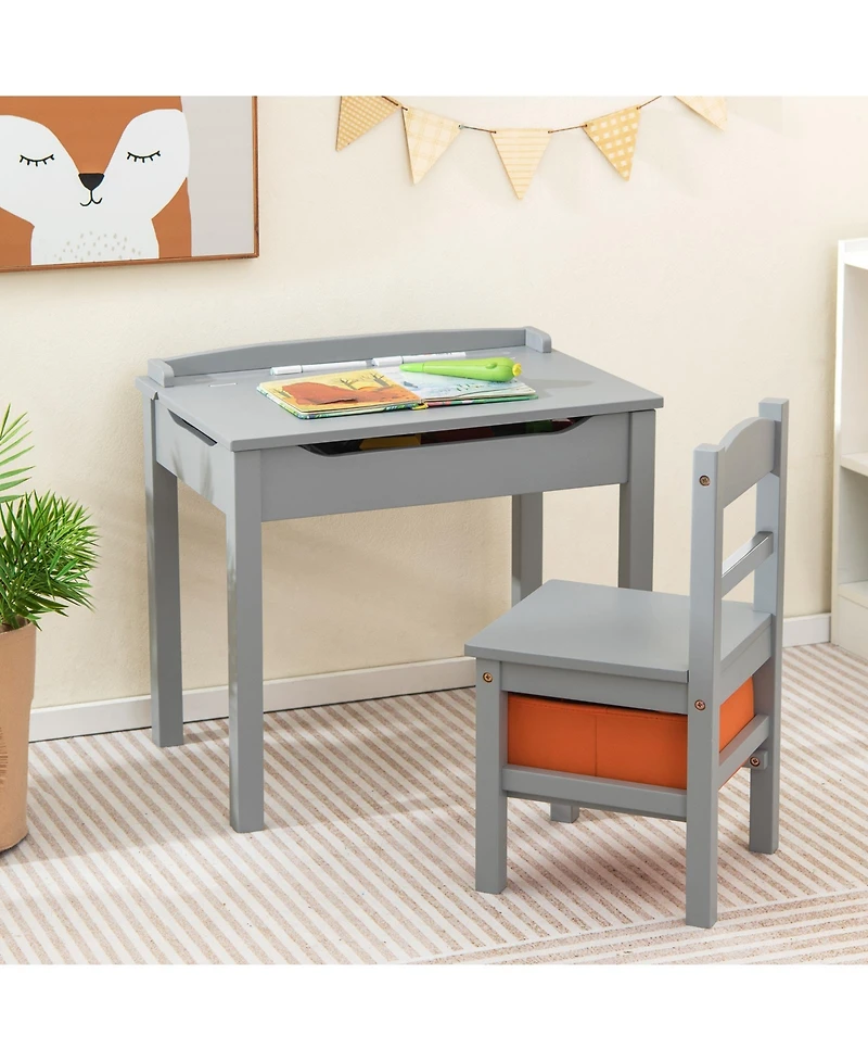 Gymax Kids Table and Chair Set Wood Activity Study Desk w/ Storage Drawer Hook