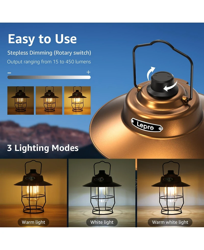 Lepro Vintage Led Rechargeable Metal Camping Lantern, Dimmable 3 Lighting Modes, Up to 450LM
