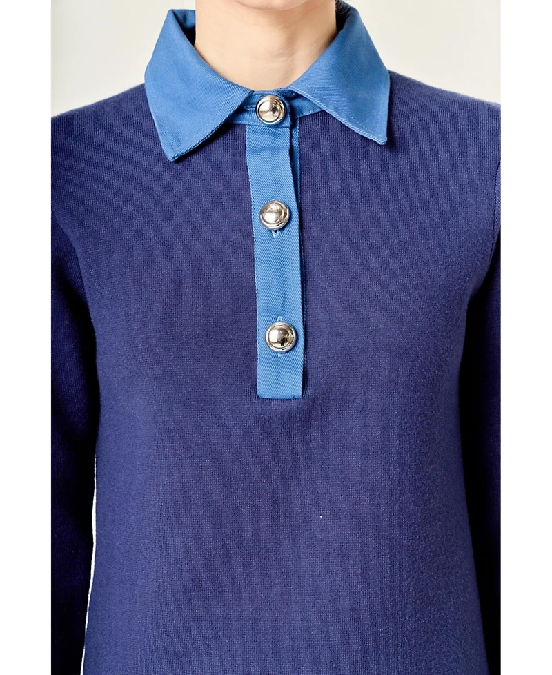 English Factory Women's Mixed Media Knit Dress With Denim