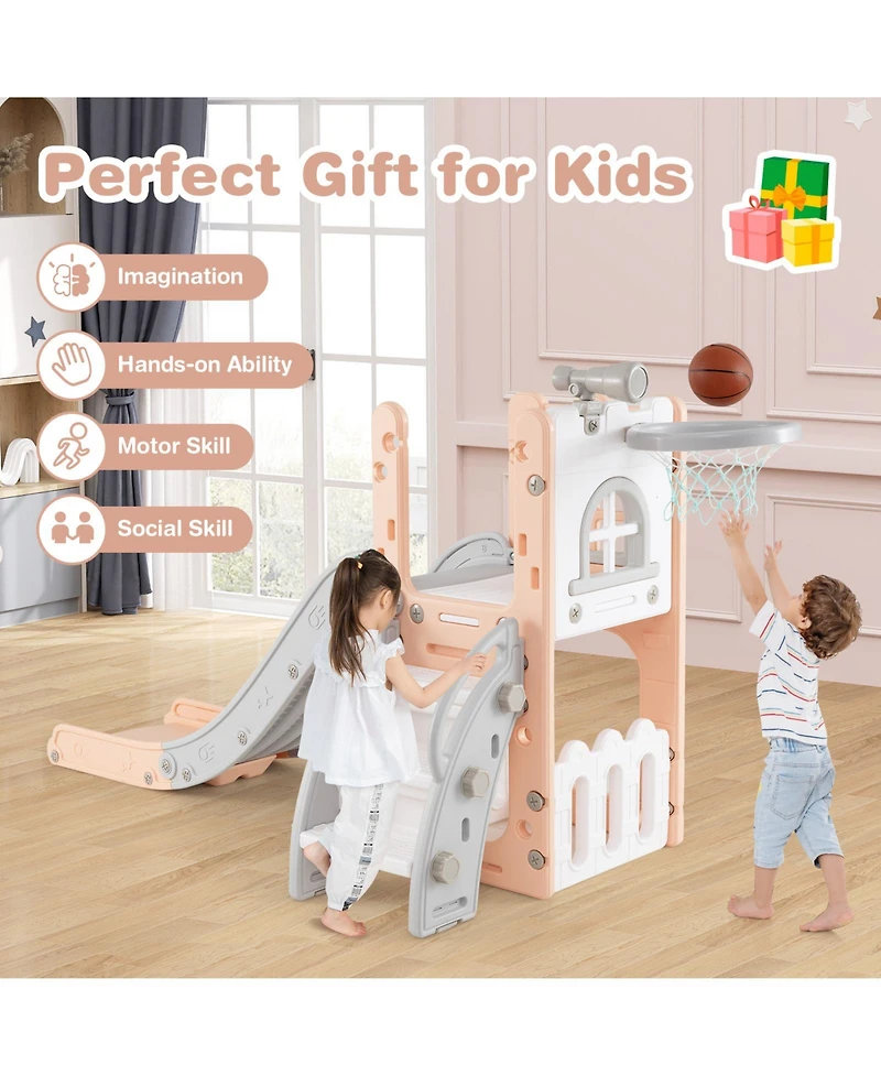 Hongge 6-in-1 Toddler Slide and Playground Set with Basketball Hoop and Climbing Ladder