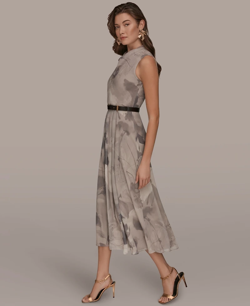 Donna Karan New York Women's Sleeveless Cowl Neck Floral Print Belted A-Line Midi Dress